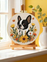 Boston Terrier Embroidery Kit – Floral Puppy DIY Hand Embroidery Hoop Art Set Kits For Stitchers