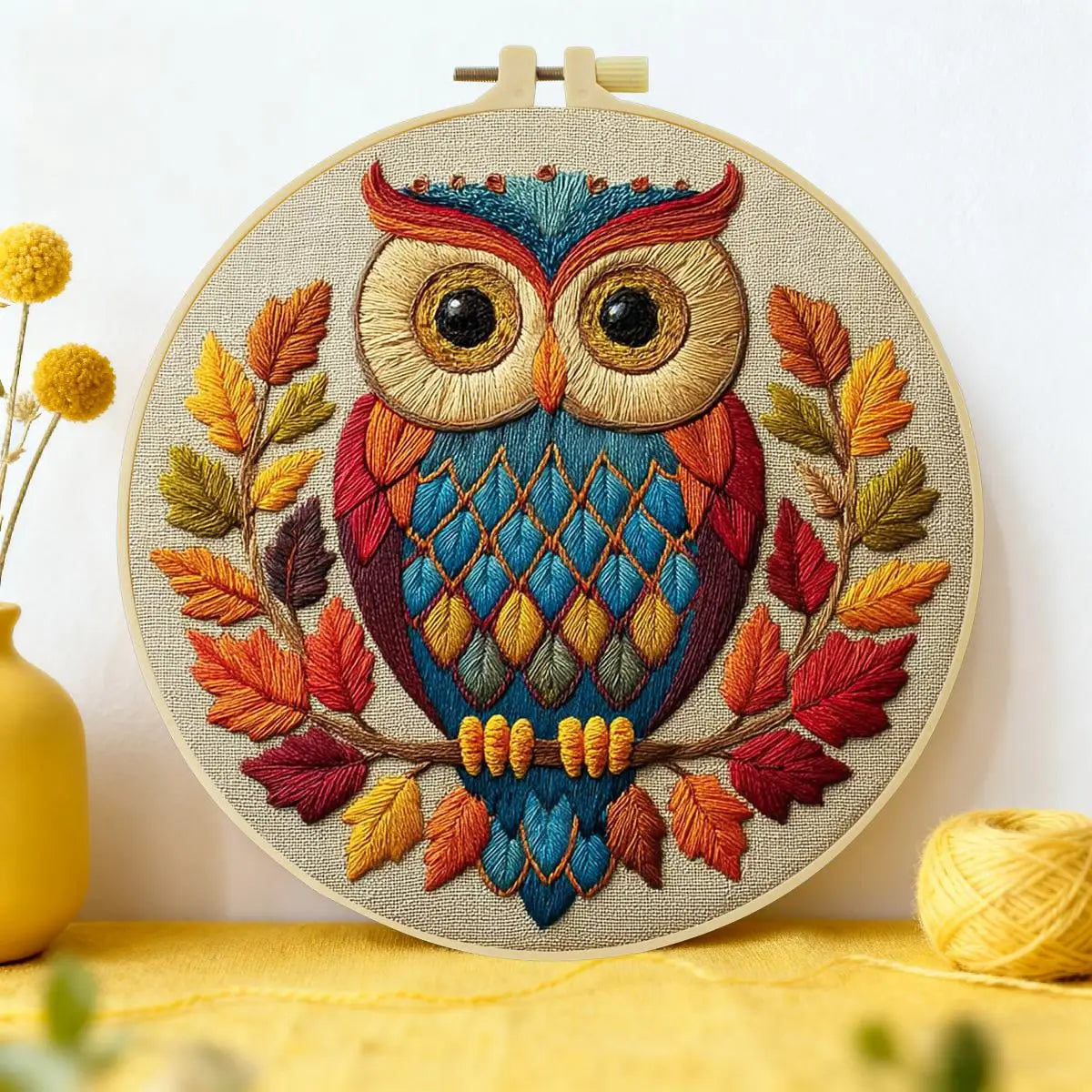 Colorful Autumn Owl Embroidery Kit – Woodland DIY Hand Embroidery Hoop Art Set