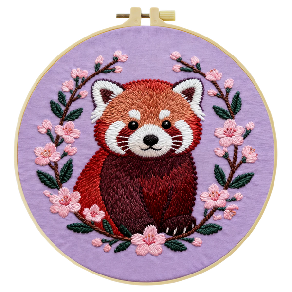 Red Panda Embroidery DIY Kit – Cute Animal Beginner Stitching Kit with Hoop, Pattern & Threads