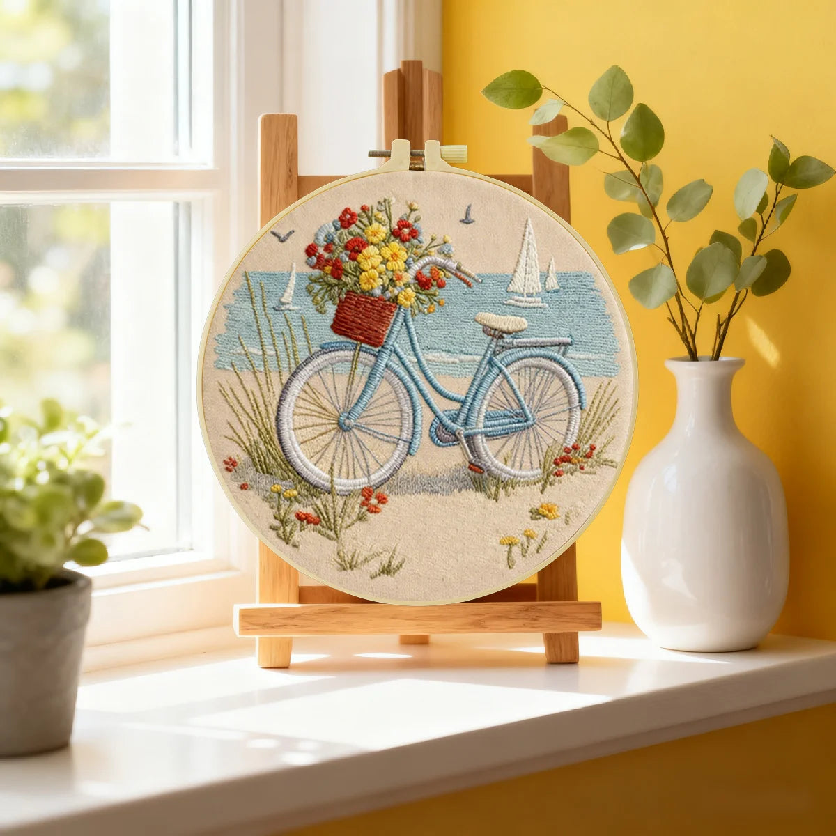 Handmade Beach Bicycle Embroidery Hoop Wall Art – Coastal Floral Bike Cottage Decor