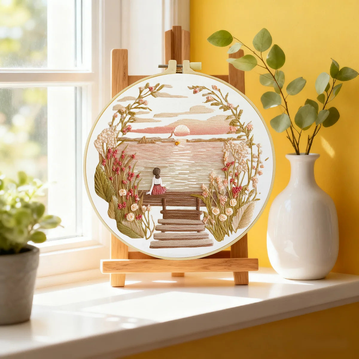 Dreamy Sunset Lake Embroidery Kit – Peaceful Girl on Dock Needlepoint Pattern with Soft Floral Landscape & Cottagecore Vibes