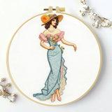 Vintage Lady in Elegant Dress Embroidery Kit – Victorian Style Woman with Floral Gown & Hat DIY Hand Stitch Art Set with Hoop & Threads