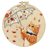 Cute Cat with Umbrella Embroidery Starter Kit DIY – Beginner Animal Hand Embroidery Kit with Autumn Design