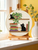 Black Cat Bookshelf Embroidery Kit for Beginners – DIY Cute Cat Hand Embroidery Hoop Set