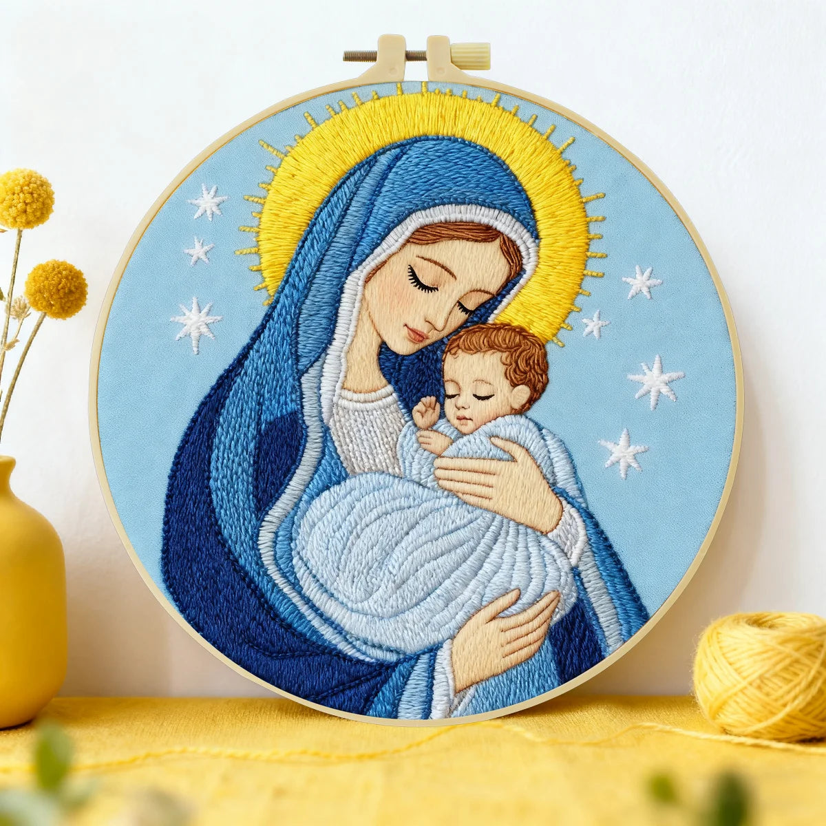 Virgin Mary & Baby Jesus Embroidery Starter Kit DIY – Beginner Religious Hand Embroidery Kit with Sacred Art Design