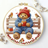 Winter Teddy Bear Embroidery DIY Kit – Cute Animal Beginner Stitching Kit with Hoop, Pattern & Threads