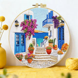 Greek Island Alley Embroidery Kit – Mediterranean Coastal Street DIY Needlepoint Hoop Art Santorini Inspired Home Decor Craft Gift