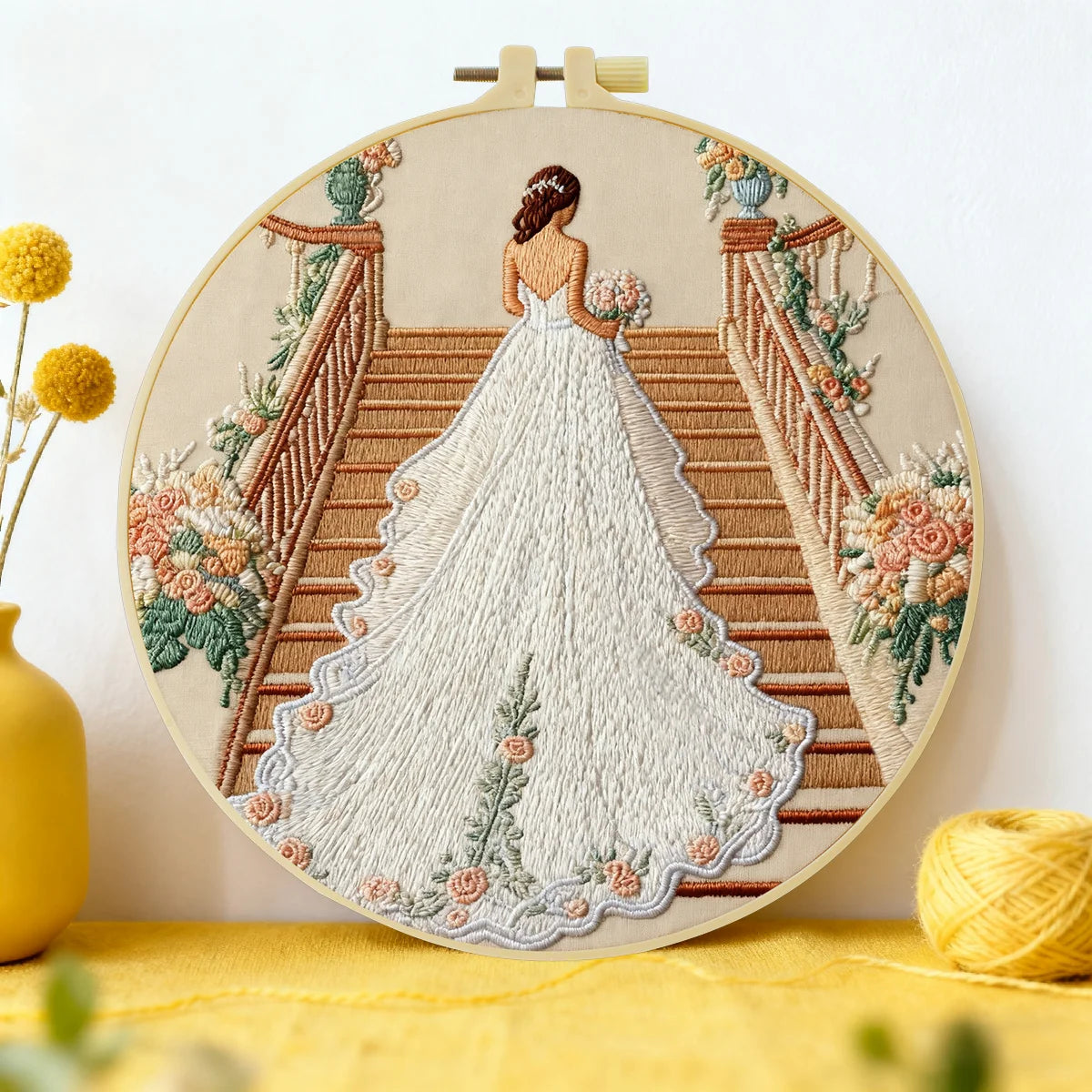 Handmade Bridal Staircase Embroidery Hoop Wall Art – Elegant Wedding Dress Floral Decor