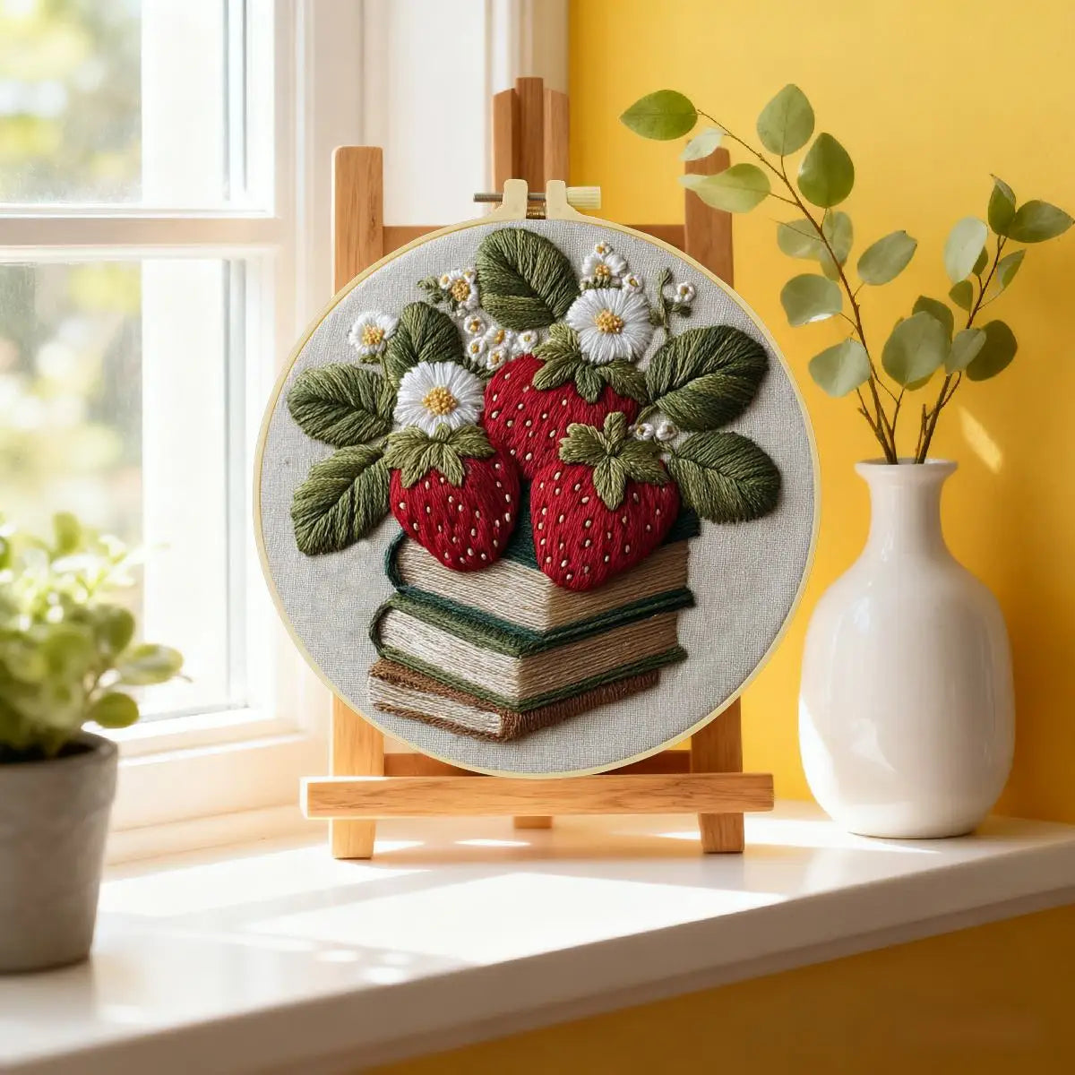 Strawberry & Books Embroidery Kit – Cottagecore DIY Hand Embroidery Hoop Art Set
