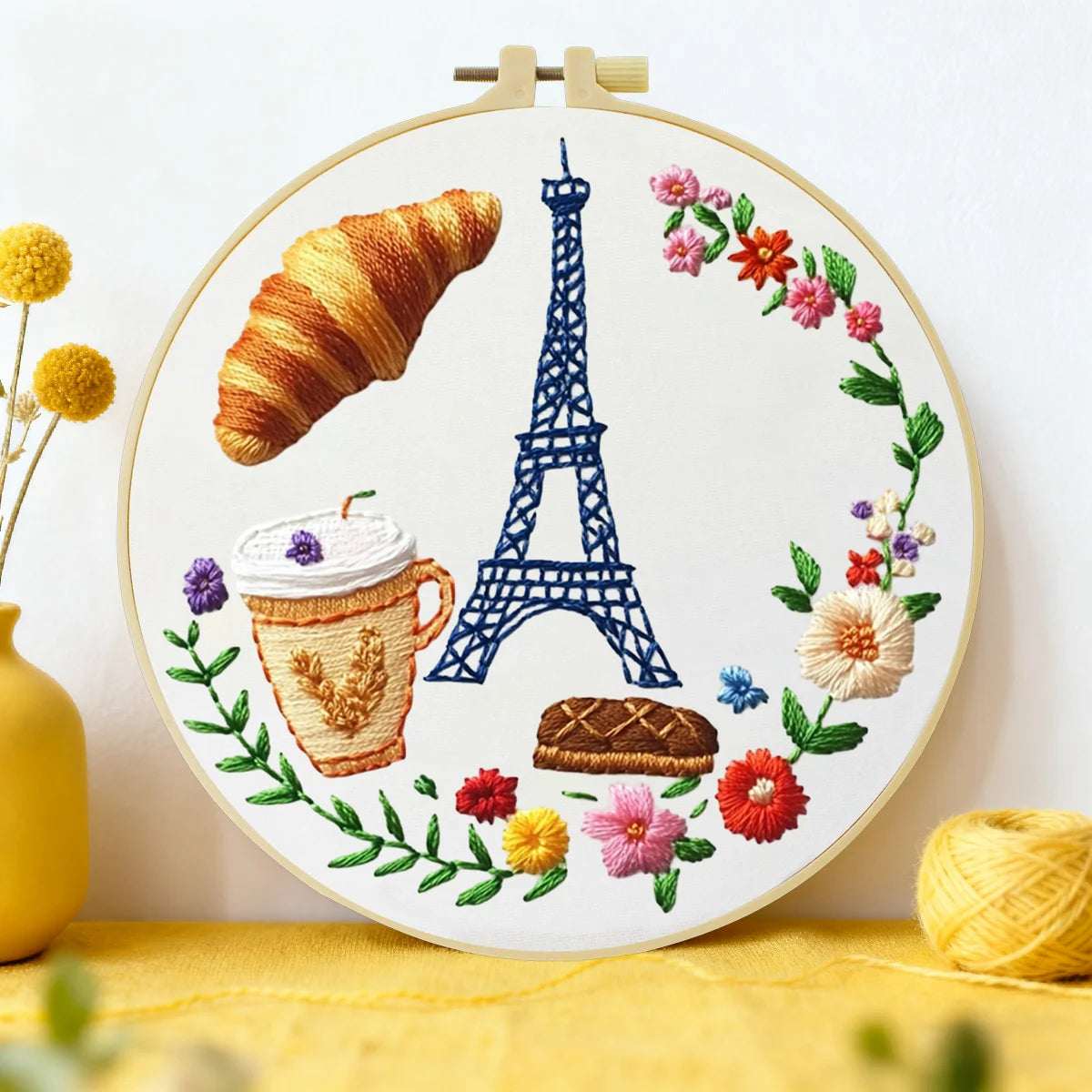 Paris Café Embroidery Starter Kit – DIY Eiffel Tower & Pastry Sewing Art Set for Beginners