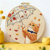 Cute Cat with Umbrella Embroidery Starter Kit DIY – Beginner Animal Hand Embroidery Kit with Autumn Design