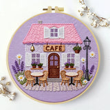 Charming Cafe House Embroidery Starter Kit – DIY Floral Cottage Sewing Art Set for Beginners