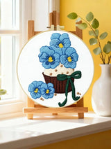 Blue Flower Cupcake Embroidery DIY Kit – Cute Floral Beginner Stitching Kit with Hoop, Pattern & Threads