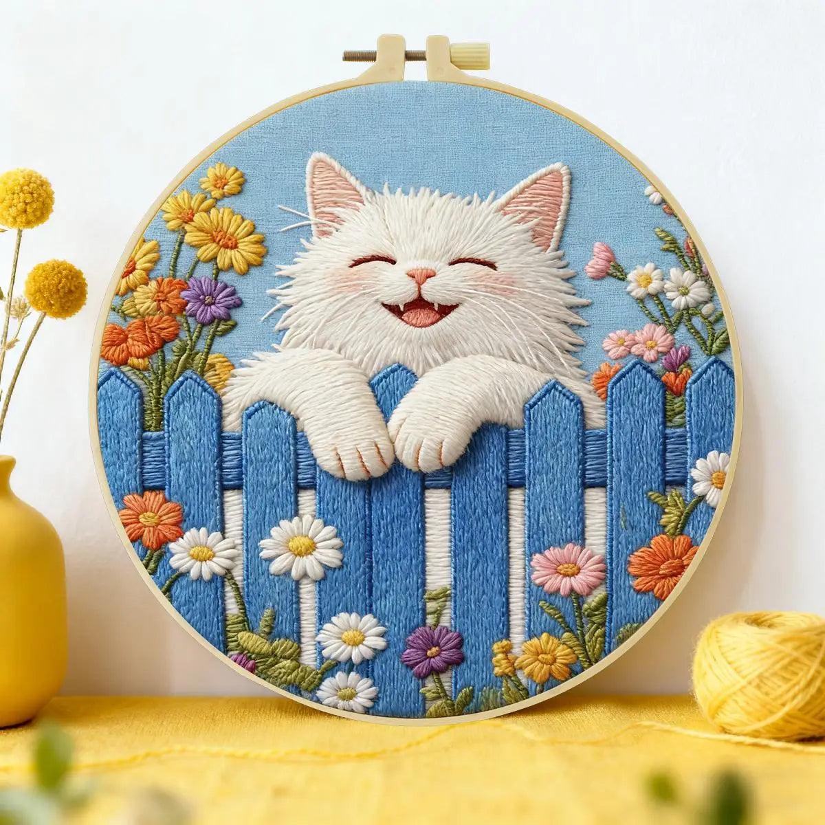 Cute White Cat Embroidery Kit – Smiling Kitty on Blue Fence Needlepoint Pattern with Floral Garden Cottagecore Decor