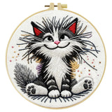 Fluffy Smiling Cat Embroidery Kit – Cute Black & White DIY Hand Embroidery Hoop Art Set