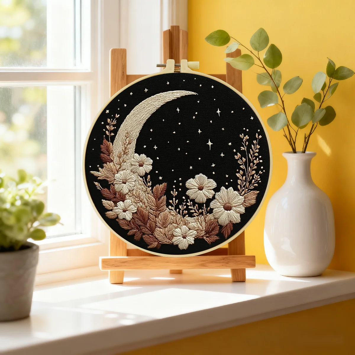 Moon & Floral Night Embroidery Starter Kit – DIY Celestial Sewing Art Set for Beginners