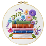 Handmade Floral Book Stack Embroidery Hoop Wall Art – Colorful Literary Cottagecore Decor