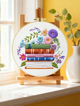 Handmade Floral Book Stack Embroidery Hoop Wall Art – Colorful Literary Cottagecore Decor