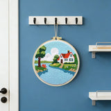 Cozy Cottage Riverside Embroidery Kit for Adults – Whimsical Country House DIY Hand Embroidery Hoop Art Beginner Needlecraft Gift