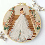 Handmade Bridal Staircase Embroidery Hoop Wall Art – Elegant Wedding Dress Floral Decor