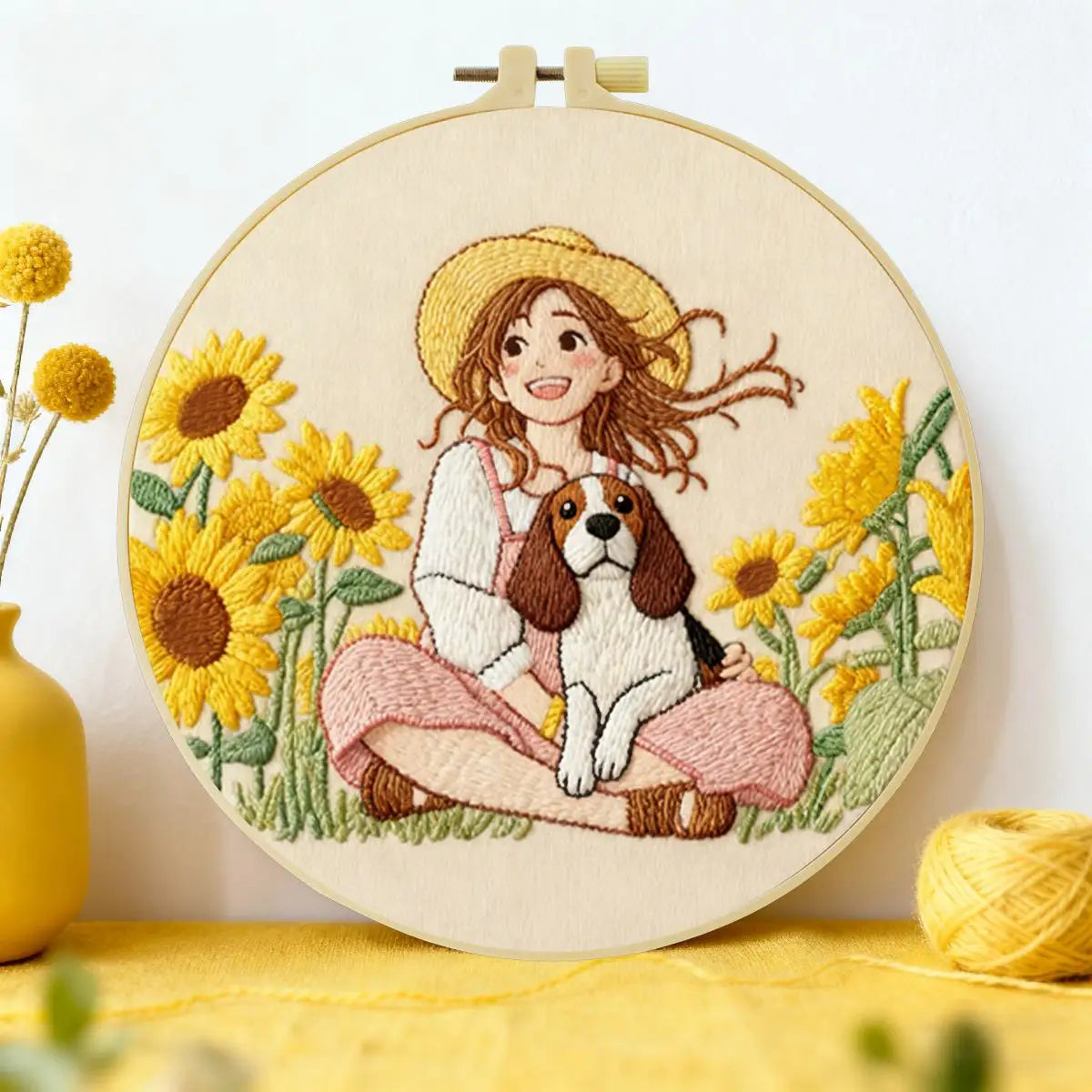 Girl & Puppy Sunflower Embroidery Kit – Cute Cottagecore DIY Hand Embroidery Hoop Art Set