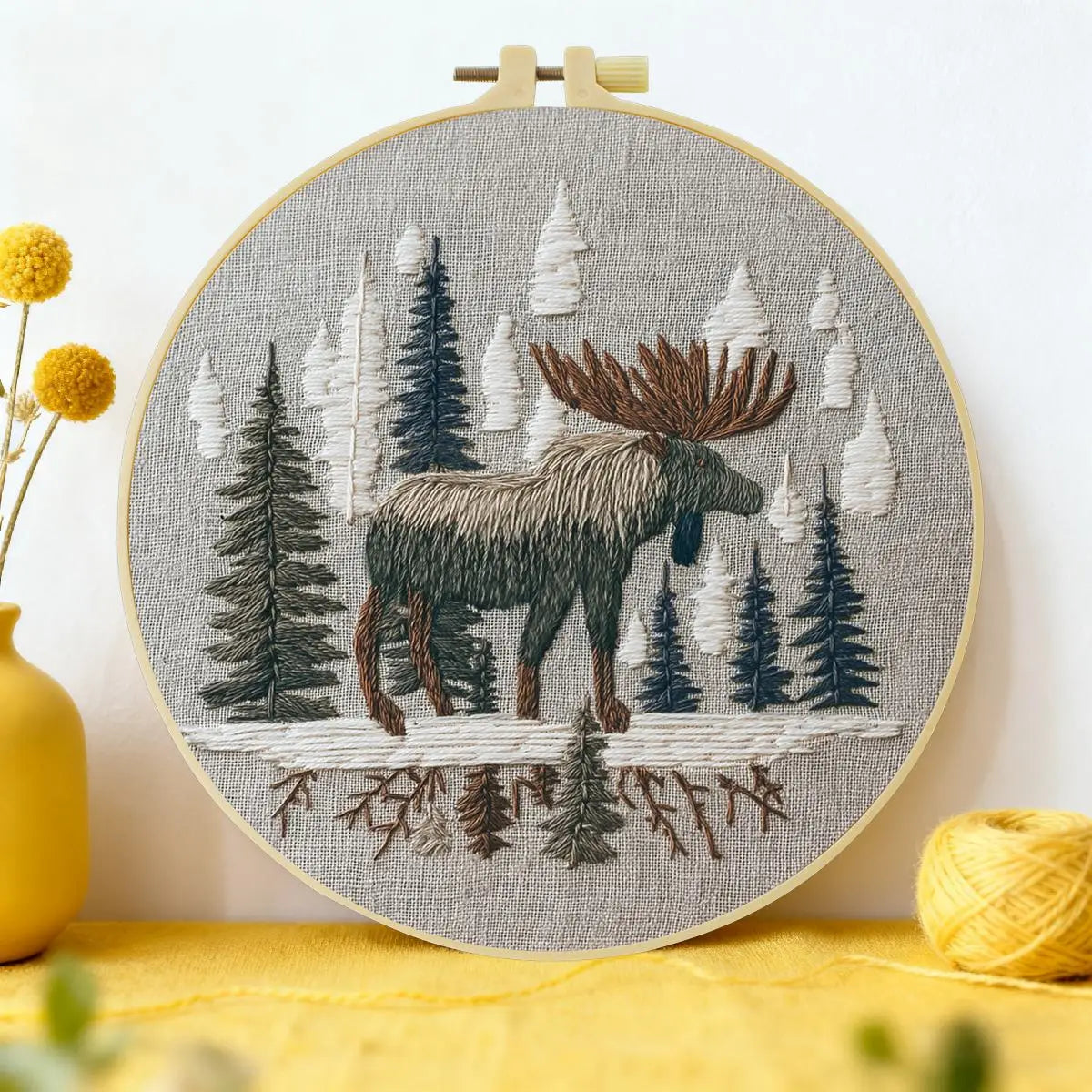 Woodland Moose Embroidery Kit – Rustic Forest DIY Hand Embroidery Hoop Art Set