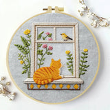 Window Cat Embroidery Kit – Cozy Birdwatching Kitty DIY Hand Embroidery Hoop Art Set Kits For Stitchers