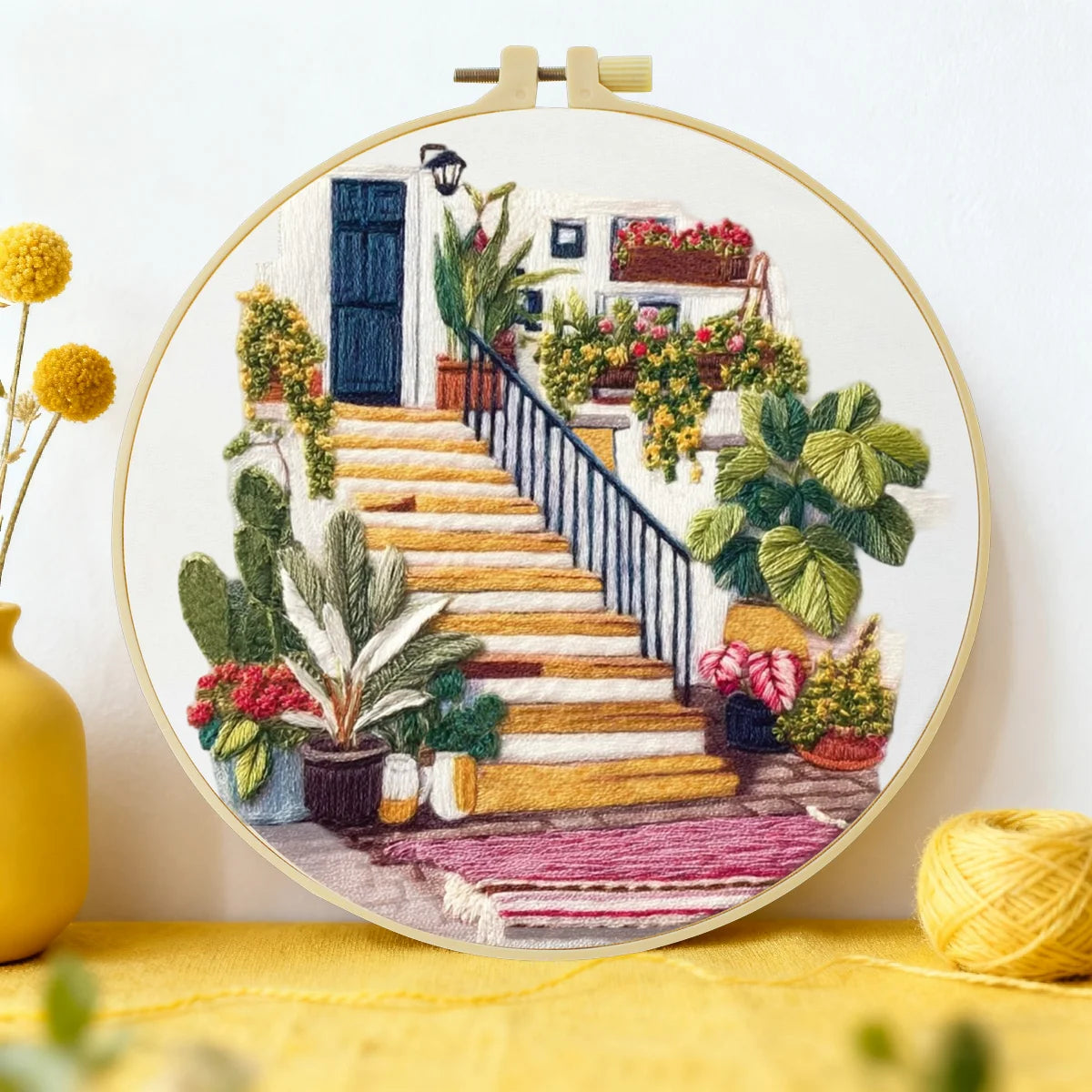 Mediterranean House & Garden Embroidery Starter Kit DIY – Beginner Landscape Hand Embroidery Kit