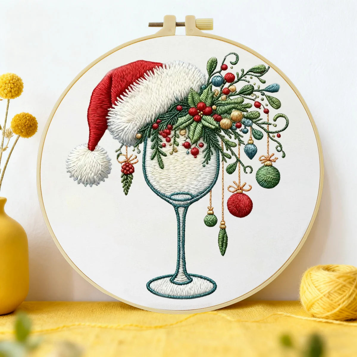 Christmas Wine Glass Embroidery DIY Kit – Festive Holiday Beginner Stitching Kit with Hoop, Pattern & Threads