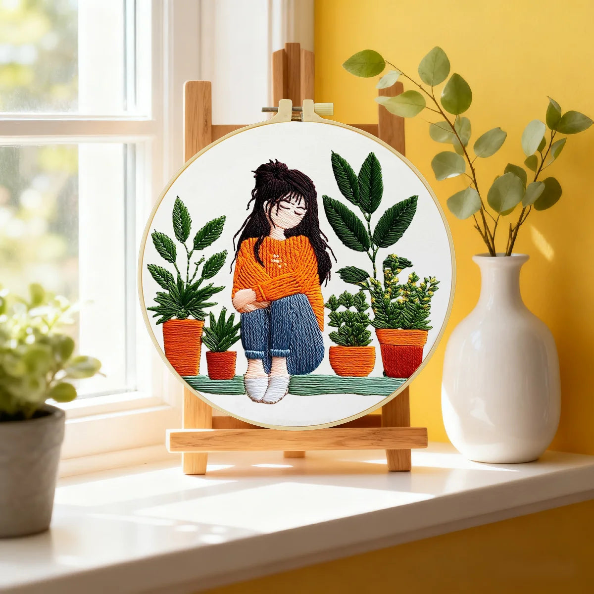 Cozy Plant Girl Embroidery Kit for Adults – Cute Houseplant Lover DIY Hand Embroidery Hoop Art Aesthetic Needlepoint Craft Gift