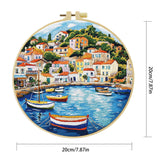 Mediterranean Coastal Village Embroidery Kit for Adults – Colorful Harbor Landscape DIY Hand Embroidery Hoop Art Travel Decor Gift