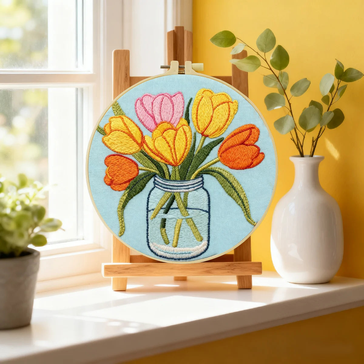 Handmade Tulip Bouquet Embroidery Hoop Wall Art – Colorful Floral Mason Jar Decor
