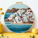 Santorini Coastal Village Embroidery Kit – Greek Island Seascape DIY Needlepoint Hoop Art Mediterranean Home Decor Craft Gift