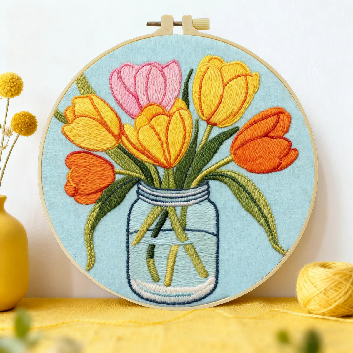 Handmade Tulip Bouquet Embroidery Hoop Wall Art – Colorful Floral Mason Jar Decor