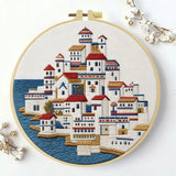 Mediterranean Seaside Village Embroidery Kit – Coastal Greek Town DIY Needlepoint Hoop Art Nautical Travel Decor Craft Gift for Adults