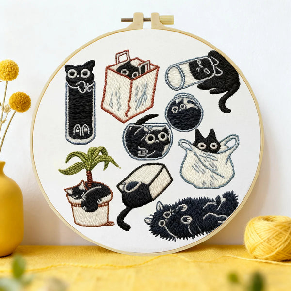 Black Cat Embroidery DIY Kit – Cute Cartoon Beginner Stitching Kit with Hoop, Pattern & Threads