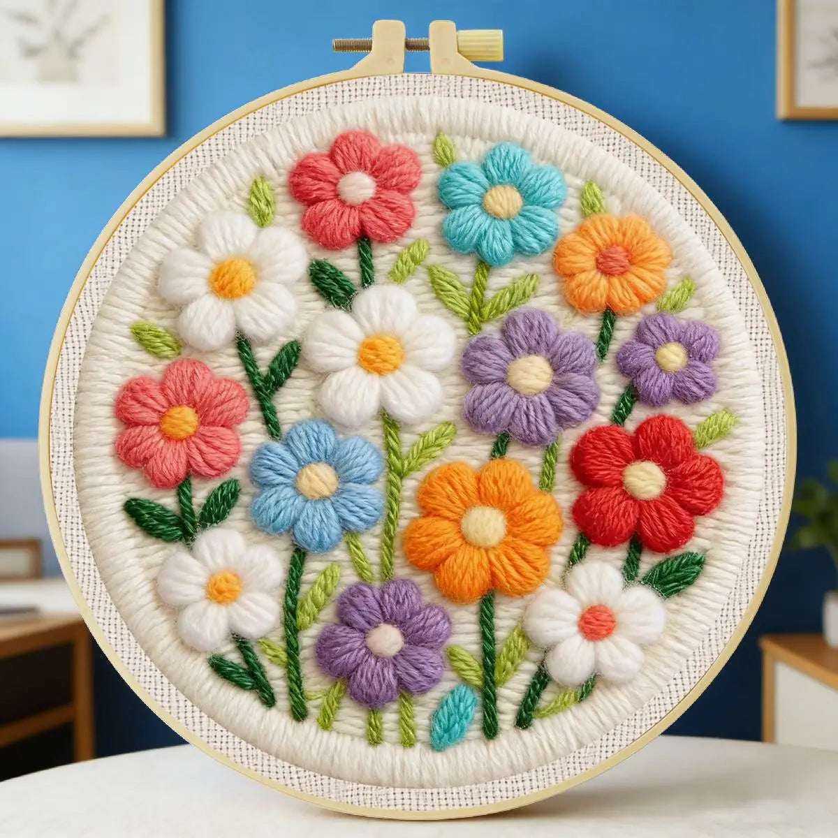 Colorful Floral Embroidery Kit for Adults – Cute Daisy Flower DIY Punch Needle Style Hoop Art Beginner Needlecraft Gift for Her