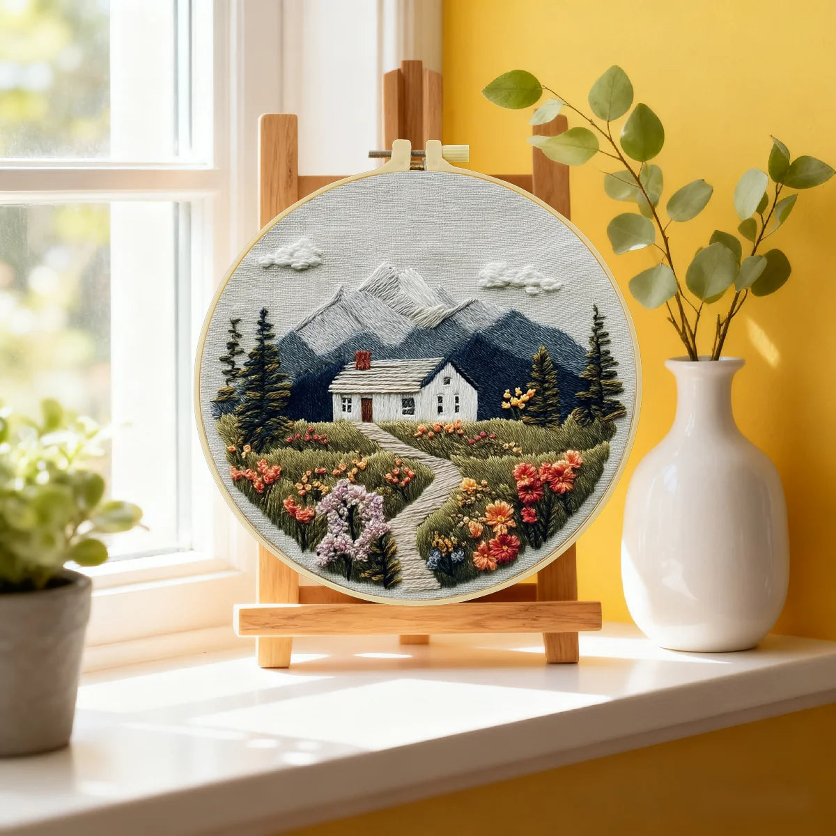 Mountain Cottage Embroidery Kit for Adults – Cozy Cabin Landscape with Wildflowers DIY Hand Embroidery Hoop Art Decor Gift