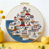 Mediterranean Seaside Village Embroidery Kit – Coastal Greek Town DIY Needlepoint Hoop Art Nautical Travel Decor Craft Gift for Adults