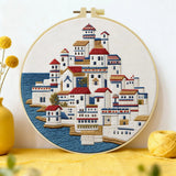 Mediterranean Seaside Village Embroidery Kit – Coastal Greek Town DIY Needlepoint Hoop Art Nautical Travel Decor Craft Gift for Adults