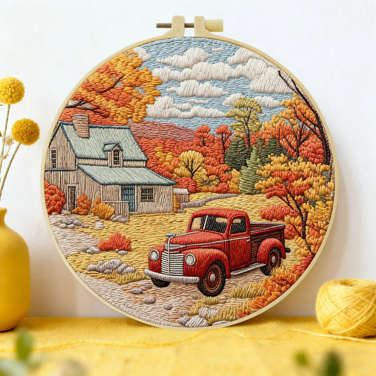 Autumn Farmhouse Embroidery Kit – Vintage Red Truck Fall Landscape DIY Sewing Craft, Rustic Country Wall Art Decor