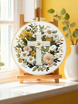 Floral Cross Embroidery Kit – Christian Needlepoint Pattern with Elegant White Flowers & Faith Inspired Wall Decor
