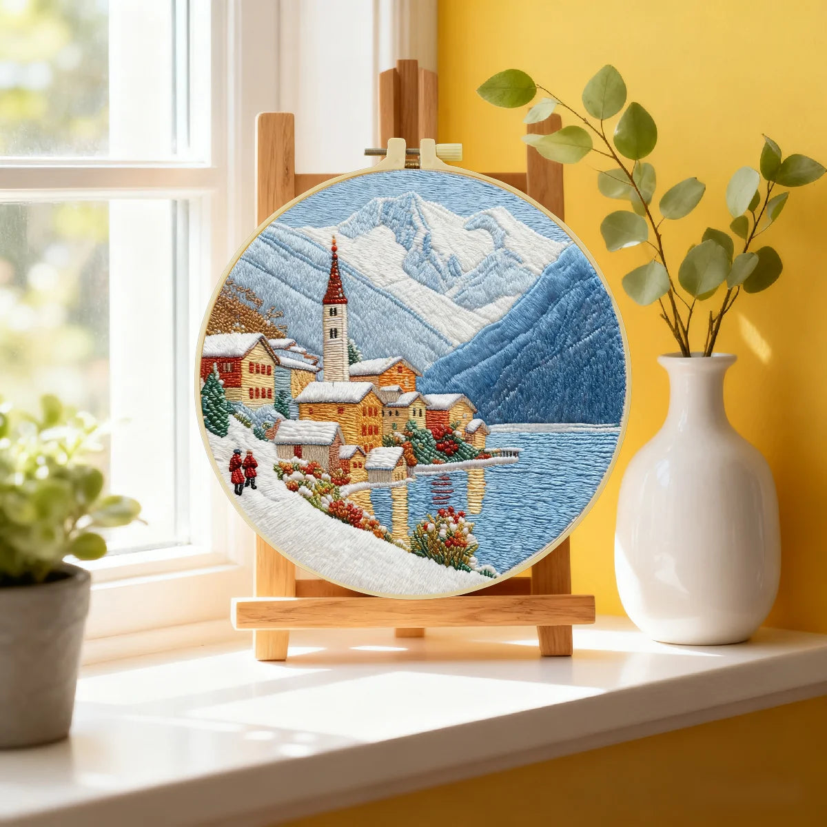 Snowy Mountain Village Embroidery Kit – Winter Alpine Landscape DIY Sewing Craft, Scenic Lake Hoop Wall Art