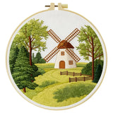 Countryside Windmill Embroidery Kit – Peaceful Green Landscape DIY Hand Embroidery Set Kits For Stitchers