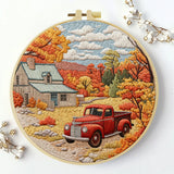 Autumn Farmhouse Embroidery Kit – Vintage Red Truck Fall Landscape DIY Sewing Craft, Rustic Country Wall Art Decor