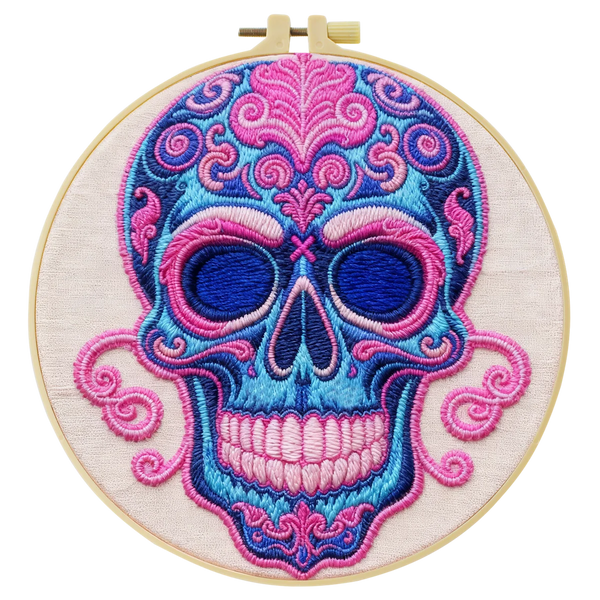 Sugar Skull Embroidery DIY Kit – Colorful Day of the Dead Beginner Stitching Kit with Hoop, Pattern & Threads