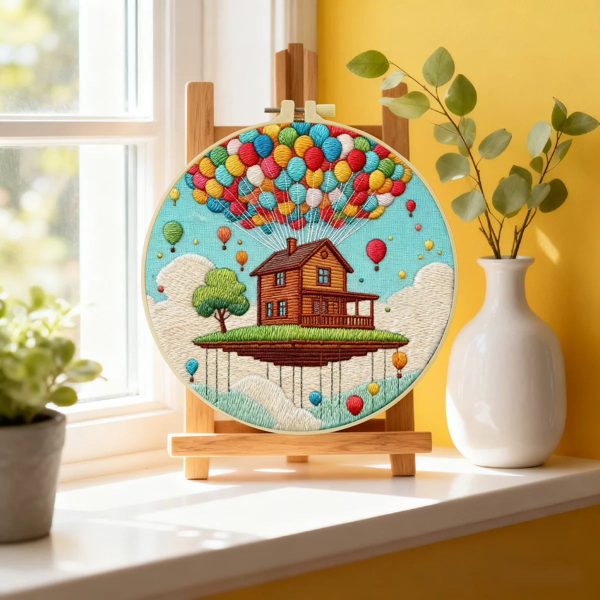 Floating House Balloon Embroidery Starter Kit – DIY Fantasy Landscape Sewing Art Set for Beginners