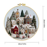 Handmade Winter Village Embroidery Hoop Wall Art – Cozy Christmas Cottage Fiber Decor