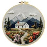 Mountain Cottage Embroidery Kit for Adults – Cozy Cabin Landscape with Wildflowers DIY Hand Embroidery Hoop Art Decor Gift