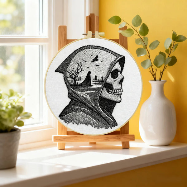 Grim Reaper Embroidery DIY Kit – Gothic Skull Beginner Stitching Kit with Hoop, Pattern & Threads